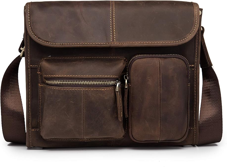 Le'aokuu Mens Crazy Horse Leather Cross Body Messenger Shoulder Satchel University Bag For 10" Tablets 202