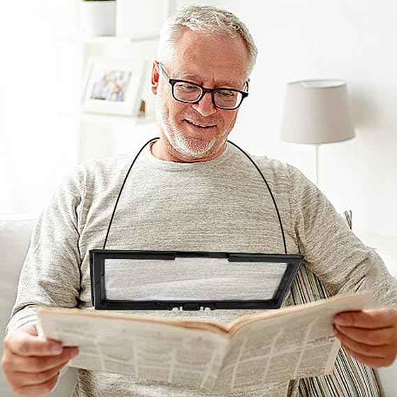 Rongon 3X Hands-Free Magnifying Glass with Light, Full Page Magnifier | Hanging the neck and standing A4 page magnifier with foldable stand for reading small prints crafting low vision & seniors