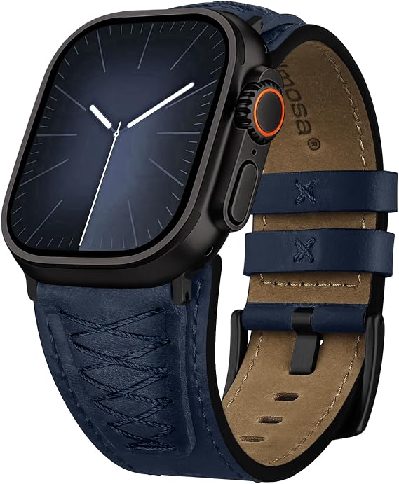 Fullmosa Band for Apple Watch 49/46/45/44/42/41/40/38mm | Fits iWatch Series 11 10 9 8 7 6 5 4 3 2 1 Ultra SE ,Top Grain Leather Replacement Strap for Men Classic Dark Blue&Black