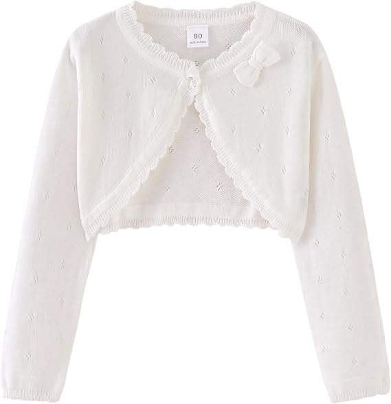 NewL Girls Kids Crochet Knitted Long Sleeve Button Knit Bolero Shrug | Soft crochet knit girls bolero, tiny left chest bow. Light cropped cover up, matches dresses for daily & kid party wear.