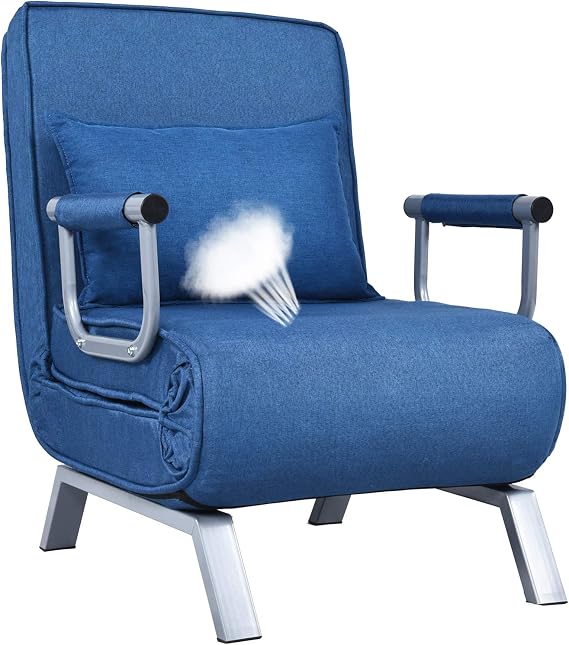Convertible Sleeper Chair Bed with 5 Position Adjustable Backrest, Folding Chairs Sleeper with Pillow, Upholstered Seat for Bedroom Home, Blue