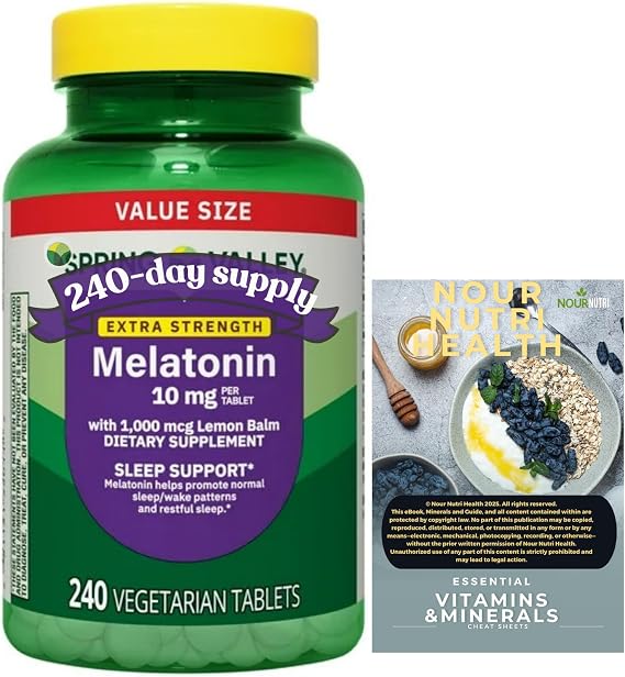 1 Pack of Extra Strength SPR -ing Valle Sleep Support Melatonin, Tablets Dietary Supplement Value Size, 10 mg, 240 Count, 1 Bottle, + Bonus nnh Sticker Vitamin Guide Included
