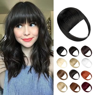 Bangs Hair Clip in Bangs, Fake Bangs Natrual Clip on Bangs Black,Faux Bangs Easy Clip in Hair Extenisons,French Bangs Fringe with Temples Hairpieces Curved Bangs for Daily Wear