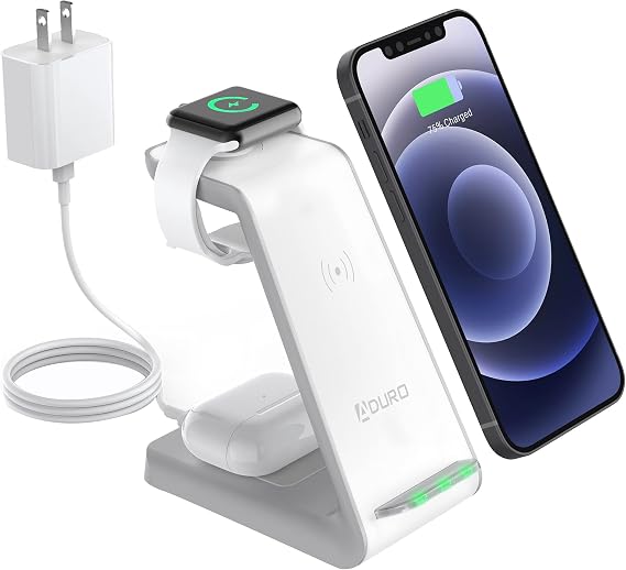 Aduro PowerUp Trinity Pro Wireless Charging Station for Apple Products 3 in 1, Qi Fast Charging Dock for iWatch, AirPods, iPhone 12/12 Pro/SE/11/11 Pro Max/XR/XS Max/XS/X/8/8P White