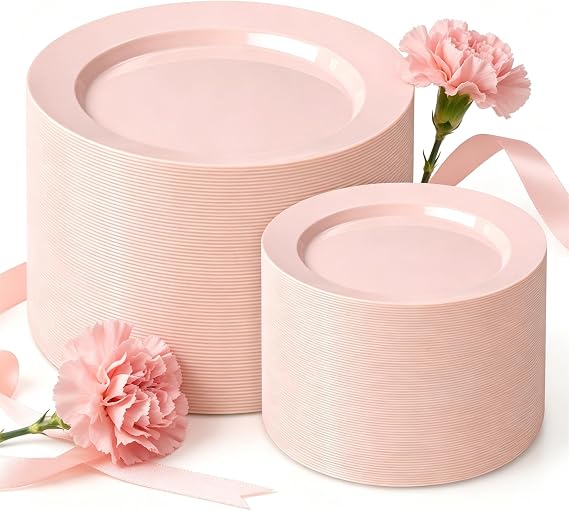 FLOWERCAT 200PCS Pink Plastic Plates Disposable Plates for Party - Heavy Duty Plastic Plates - 100 10" Pink Dinner Plates and 100 7" Pink Salad Plates for Weddings,Parties,Mother's Day