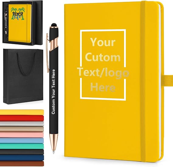 ENOMY Personalized A5 Notebook & Pen Set Custom PU Leather Journal 200 Lined Pages Custom Notebook with Gift Box Journals for Writing College Birthday Business Gift, Yellow