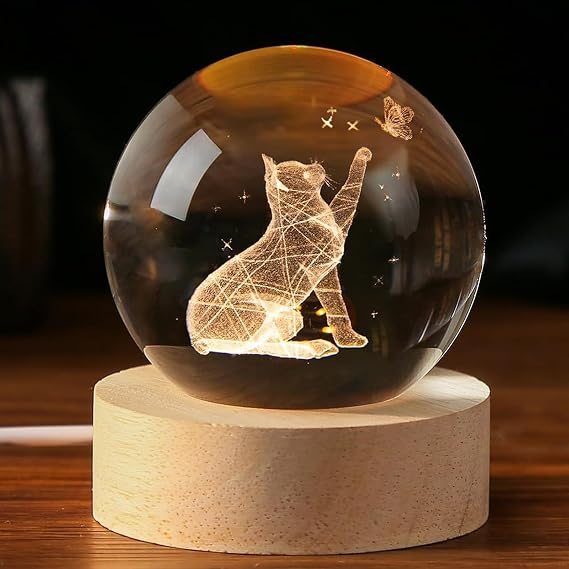 3D Cat Gifts for Women, Cat Lover Gifts with Light Base | 3D Crystal Ball Ornament for Women (Cat and Butterfly)