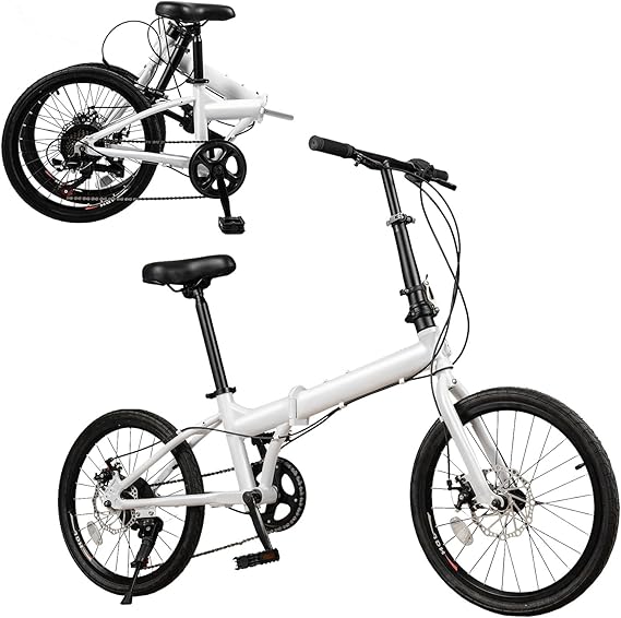 20 Inch Folding Bike, 7 Speed Foldable Bike for Adults, Folding City Bike with Dual Disc, Brakes Compact Light Weight Carbon Steel White Adult Bike