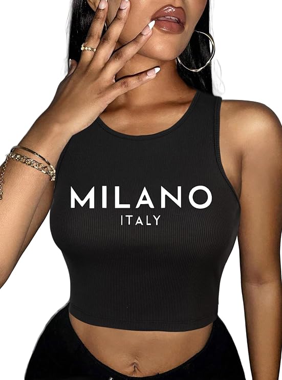 Hilinker Women's Summer Tank Tops Sleeveless Letter Graphic Printed Ribbed Knit Basic Crop Cami Tops Shirt