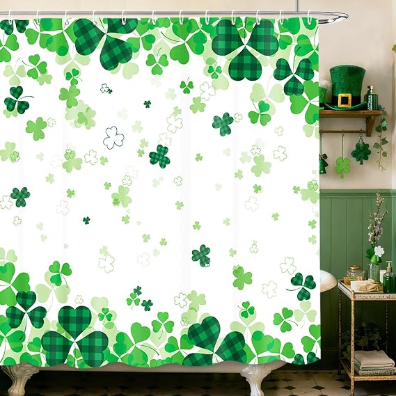 MEHOFOND St. Patrick's Day Clover Shower Curtain,Green Shamrock Clover St Patricks Day Shower Curtain,Shamrock Bathroom Decor Curtains,Irish St Patrick's Day Fabric Curtain 72x72 in