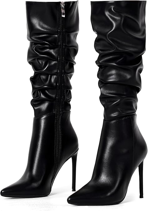 Elisabet Tang Women's Knee High Booties,Faux Suede 4" Stiletto Heel Pointed Toe Knee High Boots Side Zipper Boots Dress Shoes