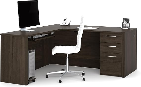 Bestar Embassy 66W L-Shaped Desk with Pedestal in dark chocolate