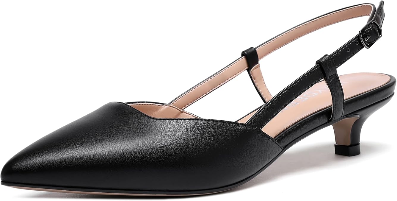 WAYDERNS Women's Matte Slingback Pointed Toe Buckle Kitten Low Heel Pumps Cute Dress Shoes 1.5 Inch
