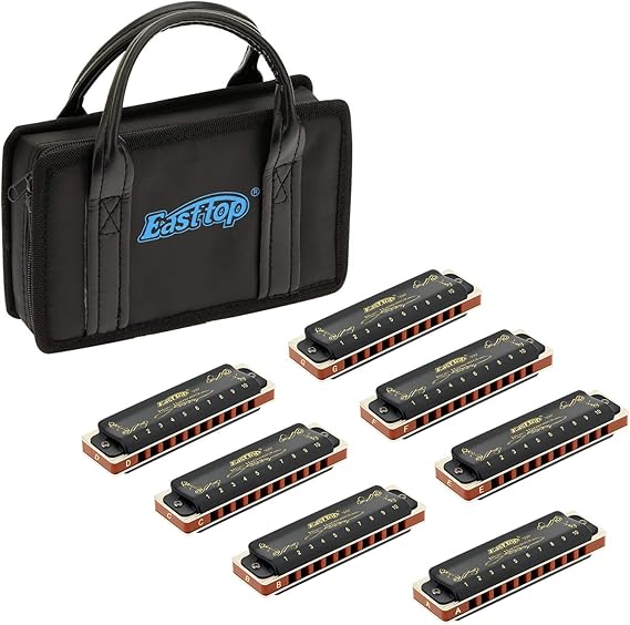 East top Diatonic Harmonica Set of 7, 10 Holes Blues Mouth Organ Set of harmonicas T008K, A, B, C, D, E, F and G key Mouth Organ for Adults, Professionals and Students, as Gift