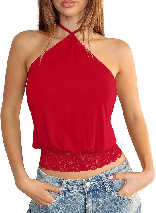 REORIA Womens Halter Going Out Tank Tops Lace Trim Y2K Backless Crop Shirt | Sexy Cute Tees,2026 SummerOutfits,Trendy,Dressy,TieBack,Casual,Club,Concert,Music Festival,Shopping,All Day Wear Camisole