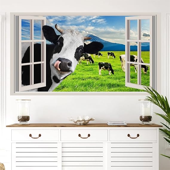 Funny Cow Wall Decals Peeking Cow Wall Sticker Peel and Stick Decals 3D Fake Window Cow Print Decor Stickers Cow Wall Art Rustic Farm Animal Vinyl Stickers for Living Room Bedroom Farmhouse Art Decor