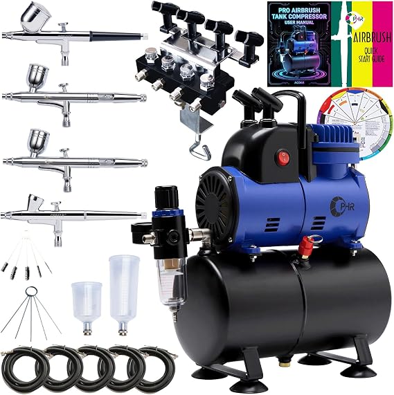 Professional Airbrush Compressor with 3.2L Tank,4 Airbrushes,Holder | Cooling Fan Design with Airbrush Holders, 20/40cc Paint Cups, 5 Air Hoses & Cleaning Tools for Auto Painting
