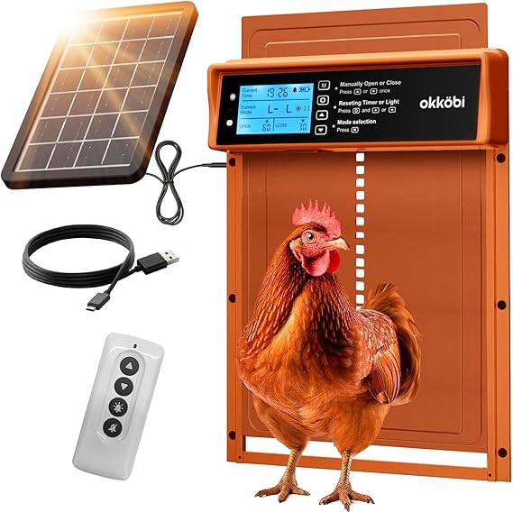 Okkobi Automatic Chicken Coop Door Solar Powered - LCD Display - Chicken Coop Door with Remote Control, Light Sensor & Timer - Security & Peace of Mind: Anti-Pinch function - 5-Year Protection - Brown