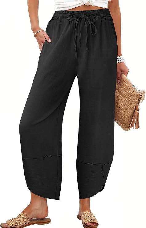 Caracilia Womens Wide Leg Barrel Pants with Pockets | Linen Blend Drawstring High Waisted Palazzo Pants, Casual Beach Vacation Flowy, Summer Fall Cropped Capri Trousers