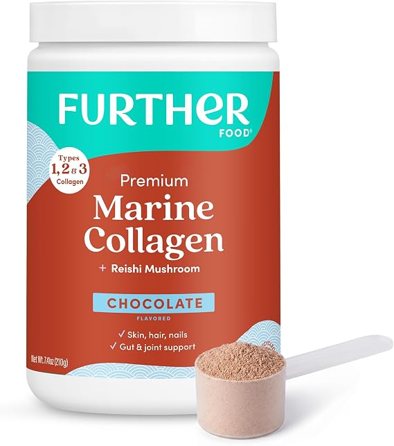 Further Food Chocolate Marine Collagen Peptides Powder, 7.41 Oz | With Reishi Mushroom, Wild-Caught Sustainably Sourced Fish, Hydrolyzed Type 1, 2 & 3