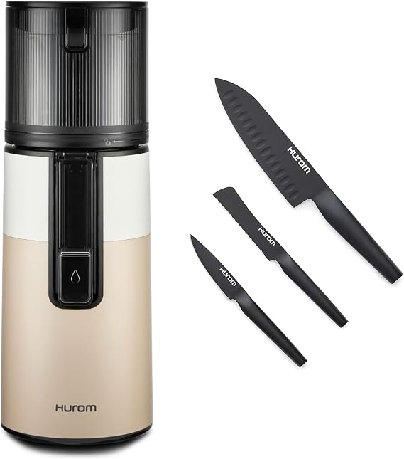 Hurom Two-Tone Beige H400 Award Winning Cold Press Juicer Machine with German Steel Knife Set, Strainer & Hands Free with Self-Feeding Hopper, Corrosion-Resistant Blades, Easy Assembly (550ml/ 18.6oz)