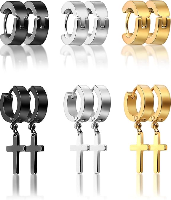 Hicarer 6 Pairs Cross Hoop Dangle Earrings Black Silver Gold Punk Hoop Stud Earring for Men Women(Style Set 1)