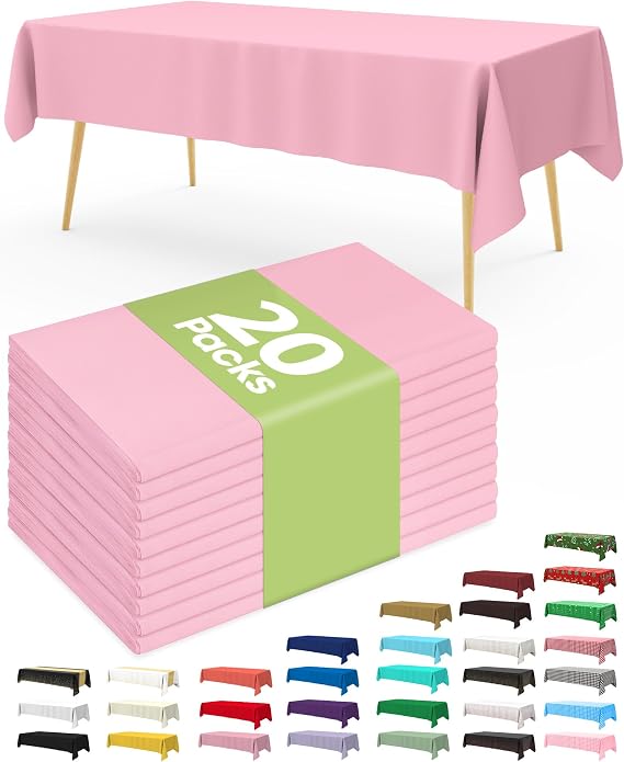Pureegg Plastic Table Cloth Disposable 20 Pack, 54 x 108 Inch Table Cloths, Easter Party, Valentines, Mothers Day Decorations, Tablecloths, Rectangle, Pastel Plastic Cover, Leakproof & Sturdy, Pink