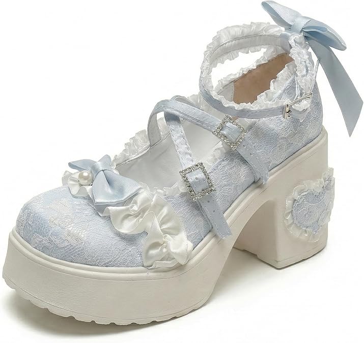 Women's Lolita Gothic Platform Mary Jane Shoes, Lace Chunky Heel Ankle Strap Bow Pumps, Cute Cosplay Party Footwear All Season.