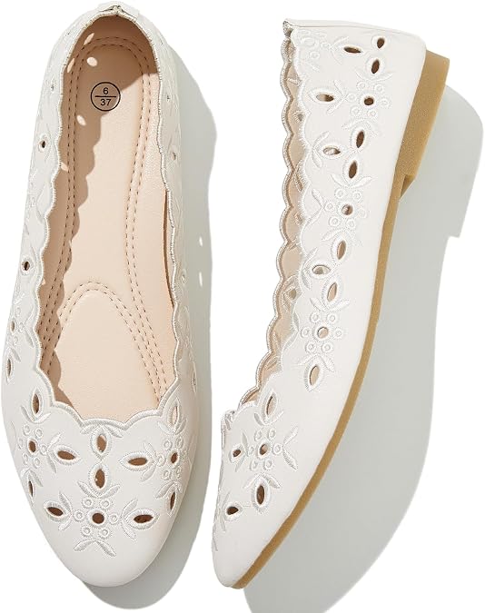 Shupua Women's Comfortable Dress Shoes Ballet Flats Slip On Shoes Black Flats Round Toe PU Leather Flats Summer with Floral Eyelets