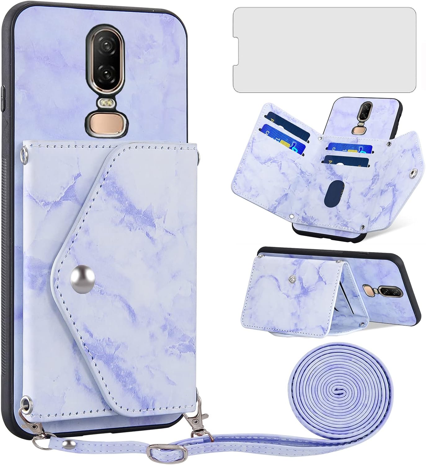 Phone Case for OnePlus 6 Wallet Cover with Screen Protector and Crossbody Strap Lanyard Marble Card Holder Stand Cell Accessories OnePlus6 A6000 One Plus6 1 Plus 1plus Six One 1 6 Women Girls Purple