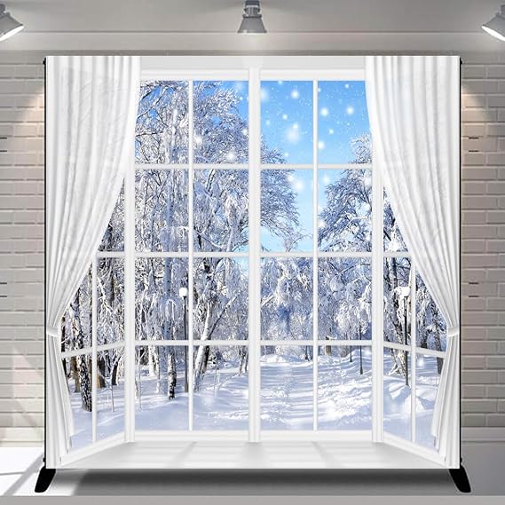 Winter Scene Backdrop Holiday Wonderland Snowflake Photography Background | Window Forest Christmas Party Decoration Tree Landscape Kids Portrait Photobooth Photo Studio Props 8x8ft White