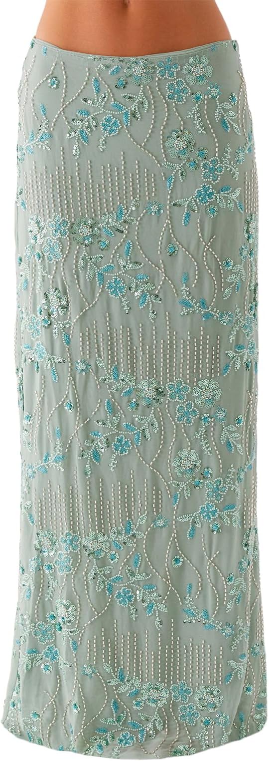 Women Y2k Sequin Long Skirt Bead Floral Embroidery Maxi Skirt Low Waist Rhinestone Glitter Bodycon Club Skirt