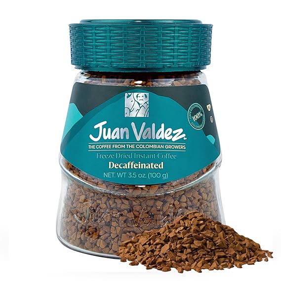 Juan Valdez Decaffeinated Freeze Dried Coffee | 100% Colombian Arabica Beans | 100% Colombian Coffee | 3.5 oz / 100 gr Jar | Rich Flavor, Naturally Decaf with Sugarcane