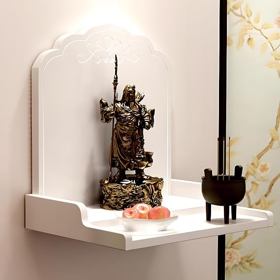 Buddha Altar Shelf Shrine, Wall Mounted Modern Wood Guan Gong God of Wealth Pagoda Shelf, Chinese Style Shrine Cabinet (White, 14.2 * 11.8 * 11.8in)