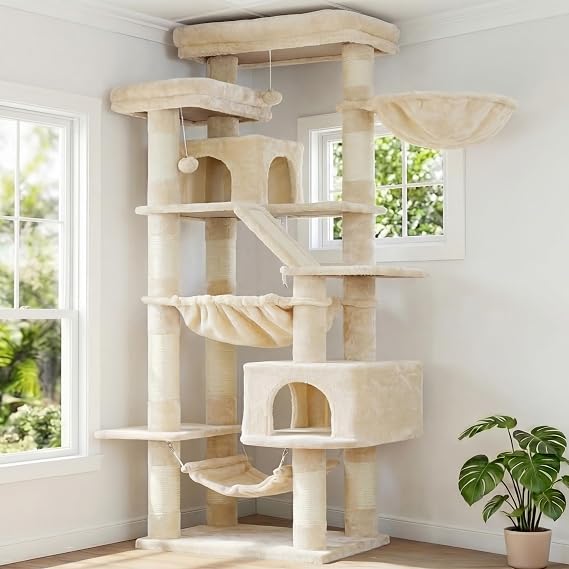 Heybly Cat Tree, 180 cm-Tall Tower for Indoor Cats with 2 Perches, 2 Big Condos, 2 Hammocks, Basket, Scratching Pad, Large Cat Furniture and Condo, Beige HCT034M