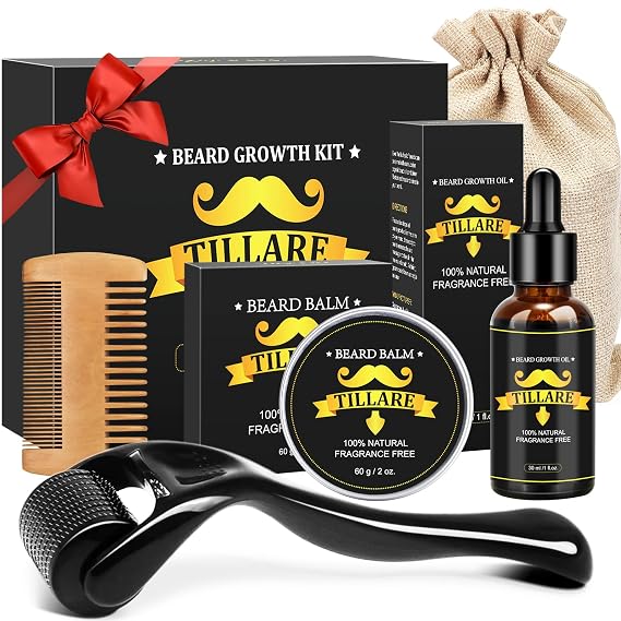 Beard Growth Kit, Beard Kit with Beard Growth Oil, Balm, Comb, Massager for Fuller & Stronger Beards, Birthday Gifts for Men Husband Dad Boyfriend