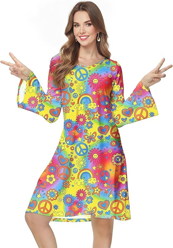 Bopika 60s 70s Hippie Disco Dress Costume Women's Retro Disco Outfit Women Halloween Floral Dresses(Yellow-S)