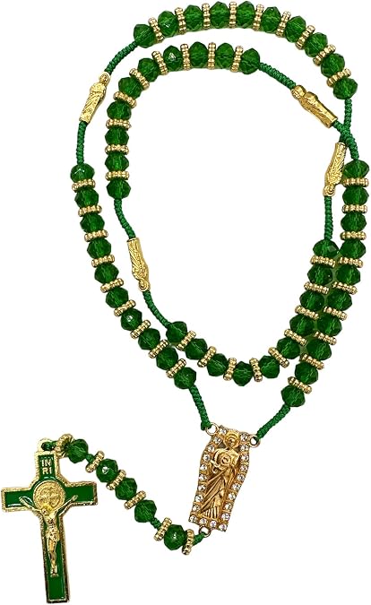Crystal Beads Catholic Rosary Crucifix Necklace San Judas Recuerdos de Bautizo Communion Religious Gifts (San Judas Green)