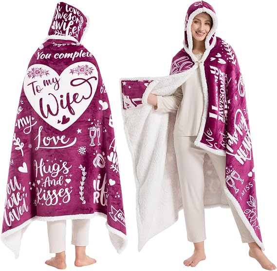 To My Wife Wearable Blanket Hoodie,Valentines Day Gifts for Her Wife Women From Husband, Mothers Day Birthday Anniversary Day Gift Ideas, Throw Blanket for Women Shawl Wraps Poncho Robe, Magenta