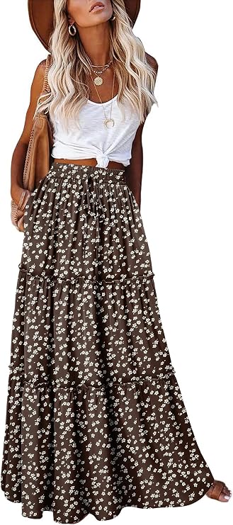 onlypuff Maxi Skirts for Women Fall Boho Skirts Long High Waist Western Country Concert Festival Outfits Pockets Brown Floral L