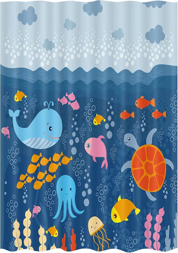 JAWO Cartoon Sea Creatures Fabric Shower Curtain for Kids, Under The Sea Bluey Whale Turtle Fish Kids Toddler Bathroom Decor Ocean Curtain for Girls Boys Washable Shower Curtain Set with Hooks 36X72