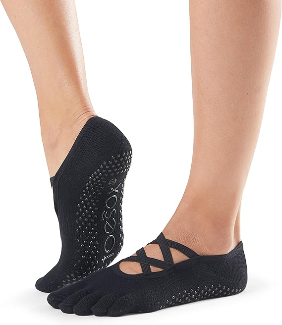 toesox Womens Elle Full Toe Grip Socks - Non-Slip Pilates, Barre & Yoga with Grips, Ballet Five Toe Socks