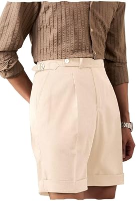 Mens Linen Shorts High Waisted Pleated Classic Gurkha Lightweight Summer Dress Shorts