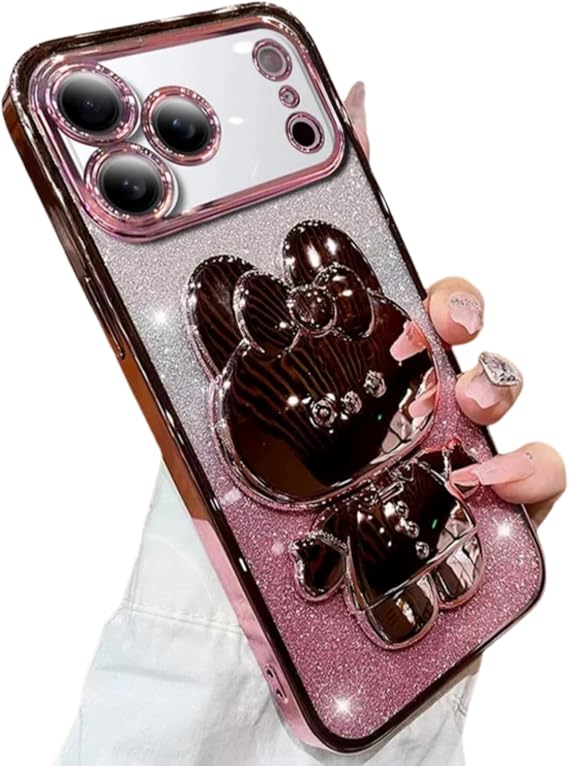 for iPhone Air Case for Women Girls Hidden Rabbit Mirror Kickstand Design,Luxury Plating Soft TPU with Bling Glitter Layer,Cute Girly Phone Case for iPhone 17 Air Pink