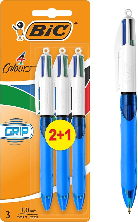 BIC 4 Colours Pens Multicolour Grip - 4 Colours Retractable Ballpoint Pens - Pack of 3