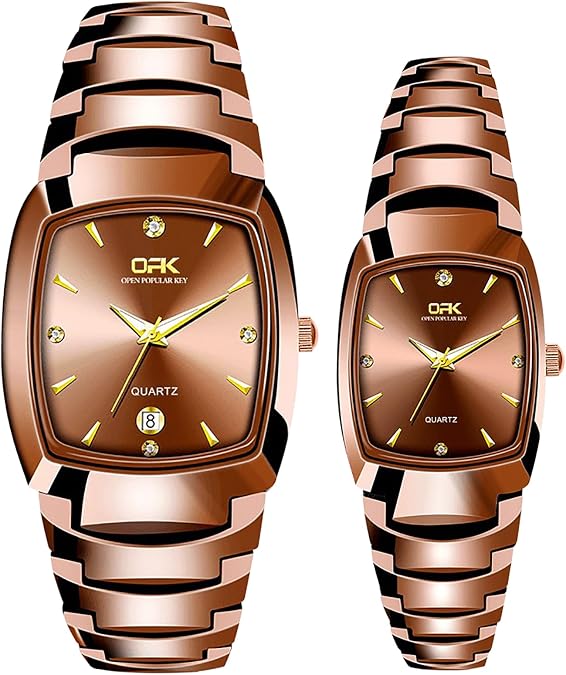 JewelryWe Square Tunsten Couple Watches: Calendar 3ATM Waterproof Analog Quartz Faux Tungsten Stainless Steel Removable Strap Luxury His and Hers Matching Wristwatches for Father's Day
