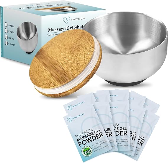 Nuru Massage Gel Powder & Bowl Set | 10 5g Platinum Sachets + Stainless Steel Mixing Bowl | Japanese-Made Powder | Vegan | Paraben & Glycerin Free | Makes 1.32 Gallons