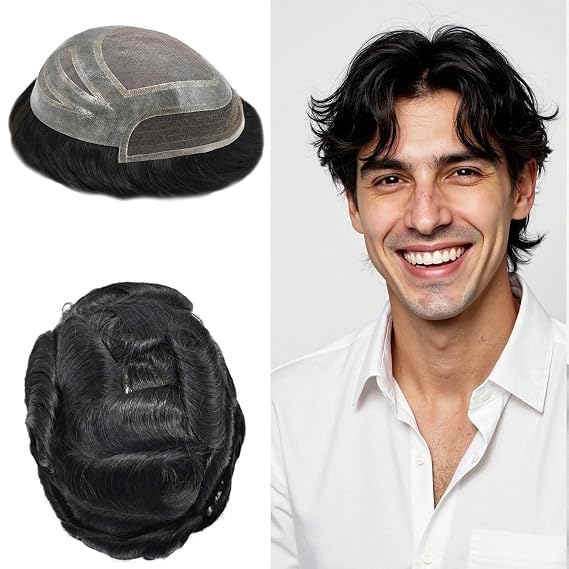 Durable Hair System for Men French Lace Front Mens Toupee Hairpieces Natural Hairline Fine Mono Hair Toupee for Men 8"x10" 120% Light to Medium Density #1 Jet Black