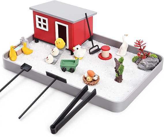 Chicken Zen Garden for Desk - 20Pcs Desk Zen Garden Kit with Coop, Sand, Hen Figurines & Rakes for Office Decor, Meditation and Stress Relief, White Elephant Gifts for Chicken Lovers