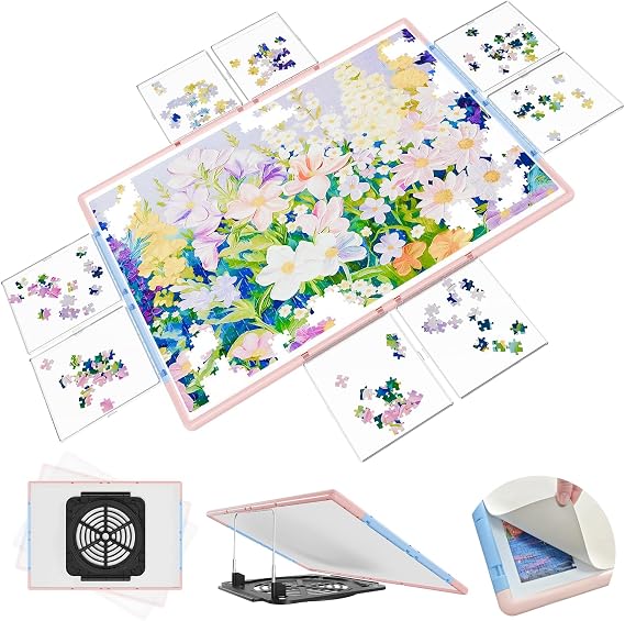 2000 Pieces Puzzle Board 3-in-1 Double-Sided & Rotating & Tilting, Plastic Puzzle Table with Sorting Boxes and PVC Cover, Portable Lazy Susan Jigsaw Puzzle Board for Adults, Blue Pink